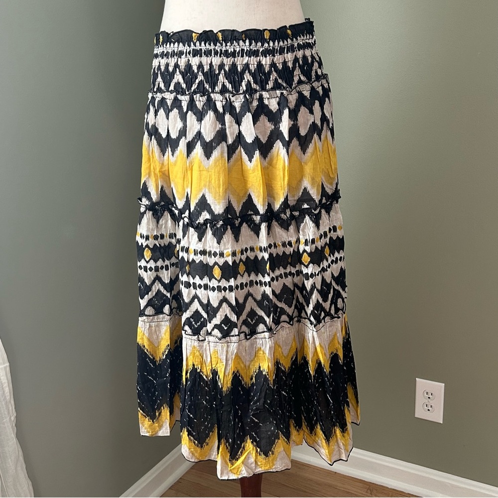 Jasmine crinkle midi skirt boho black yellow white womens size small hippie